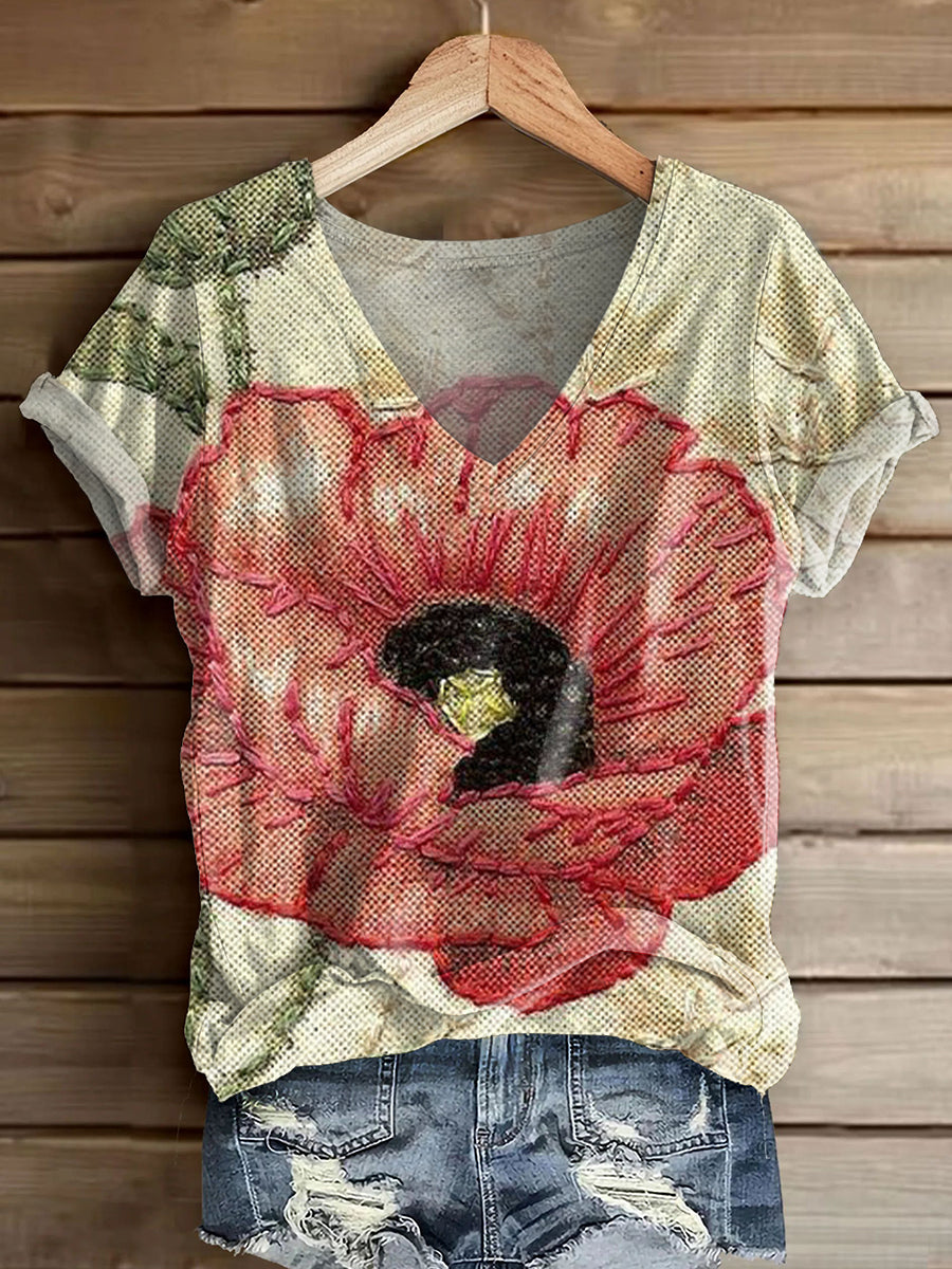Women's Bohemian Floral Art Print V-neck Casual T-Shirt