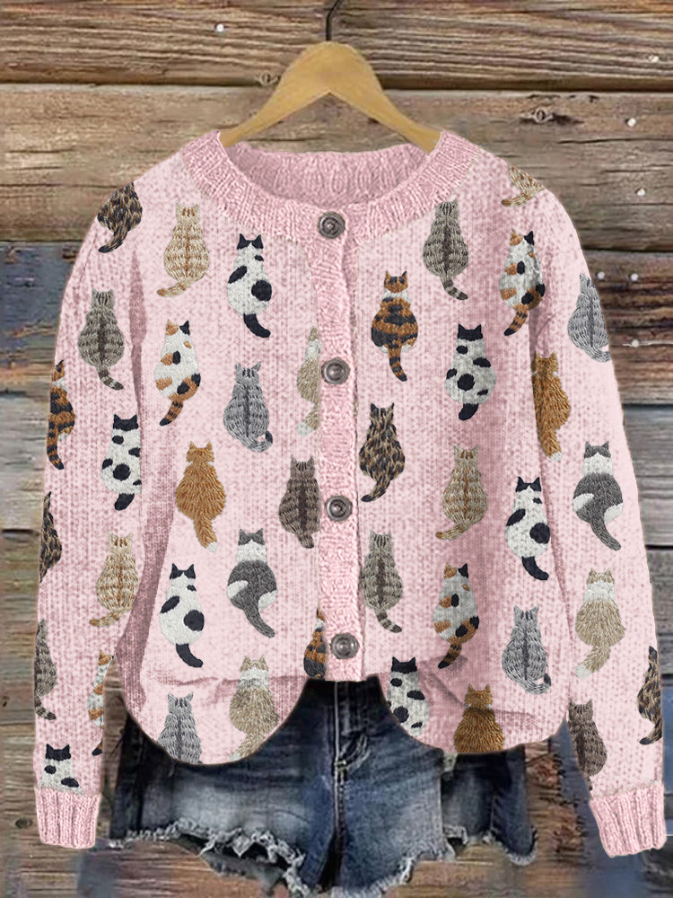 Cute Cats Embroidery Pattern Cozy Knit Cardigan elevenforest