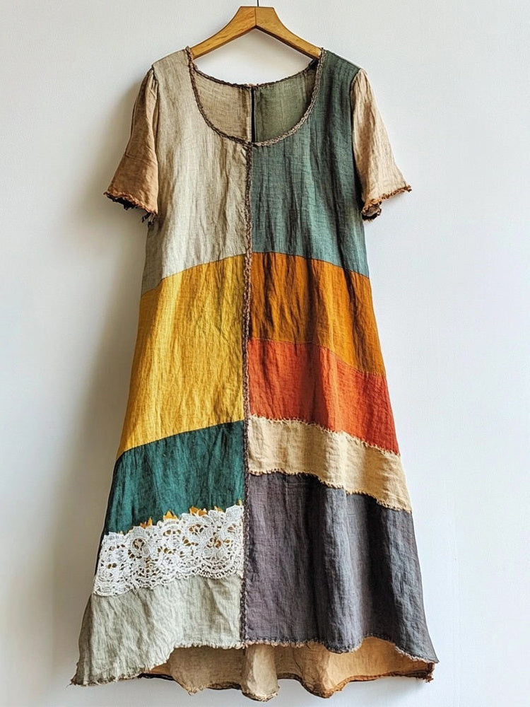 Multicolor Patchwork Linen Blend Long Dress artswardrobe