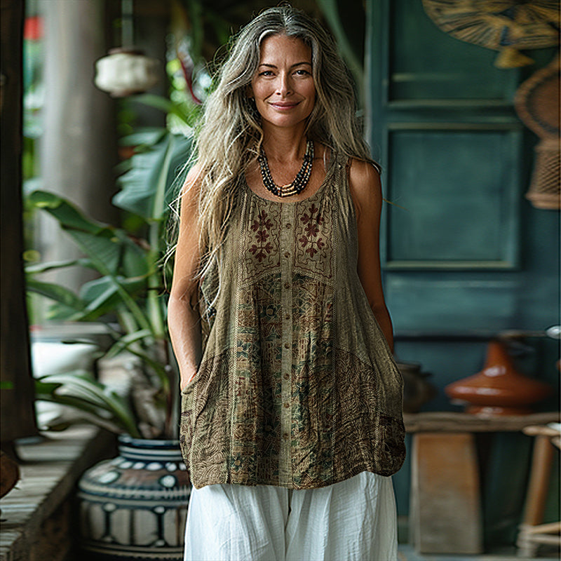 Vintage Tribal Art Sleeveless Linen Blend Tank Top artswardrobe