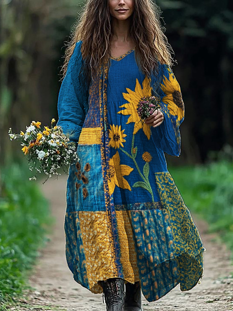 Ethnic Sunflowers Embroidered Patchwork Flowy Linen Dress artswardrobe