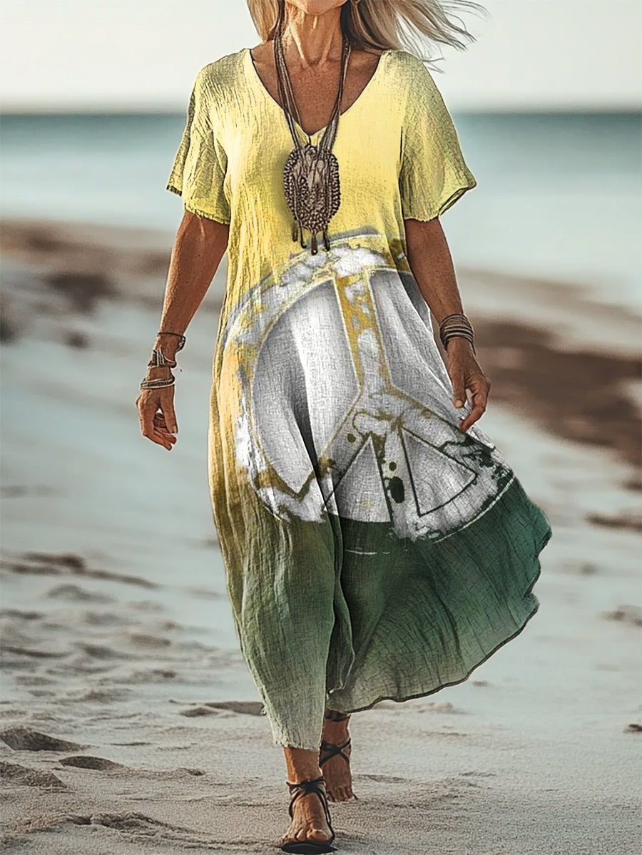 Women's Retro Hippie Peace Sign Print V Neck Pocket Cotton Dress