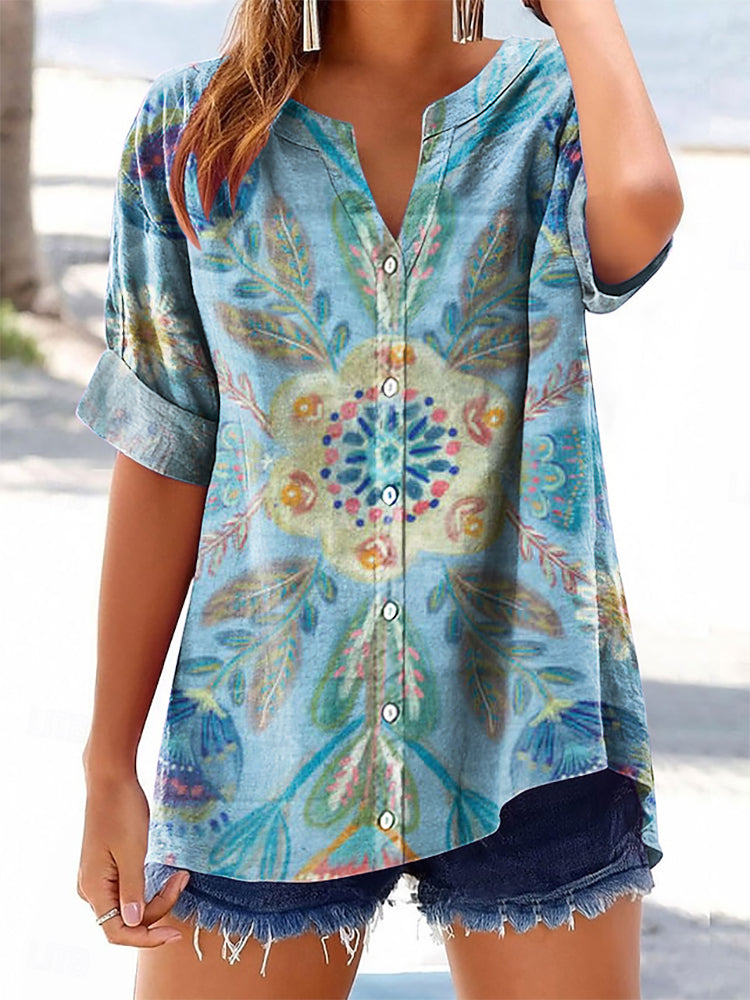 Women's Floral Pattern Art Print Casual Cotton Linen Short Sleeve Shir