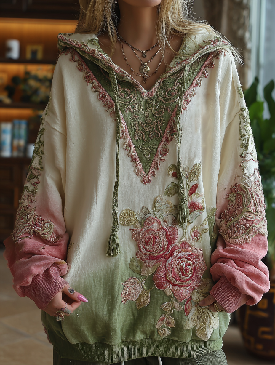 Comstylish Love & Health Collection Vintage Rose And Floral Art Linen Long Sleeve Hoodie