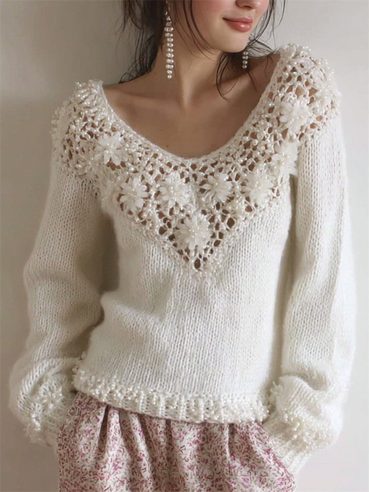Vintage Pearls Beaded Floral Lace Cozy Knit Sweater artswardrobe