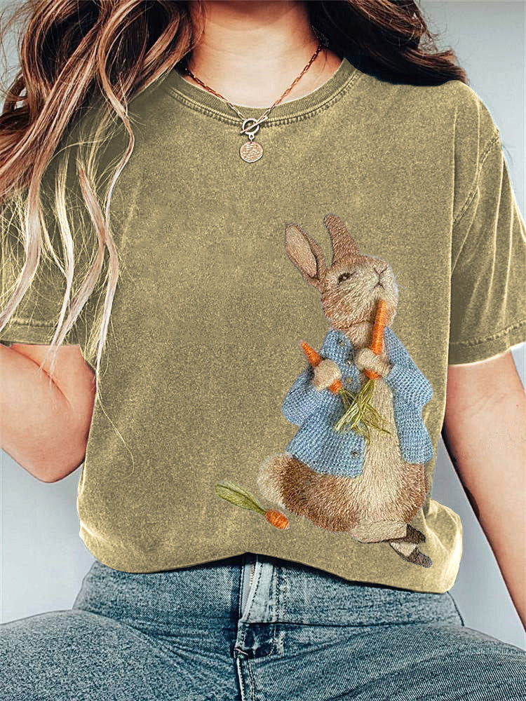 Cute Bunny Embroidery Pattern Casual T-Shirt artswardrobe