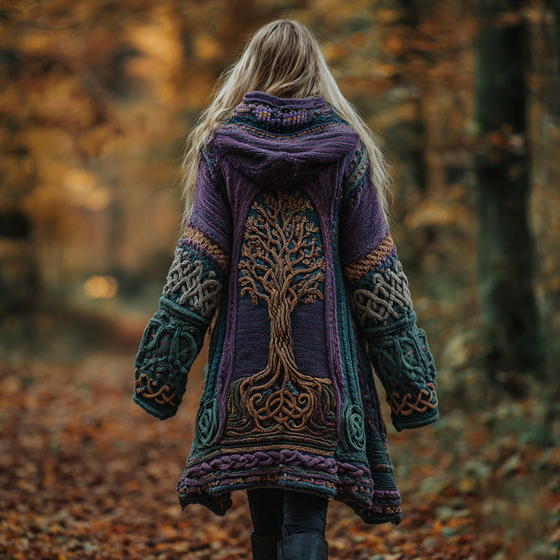 Vintage Tree Of Life Symbol Contrast Color Comfortable Chunky Hooded Cardigan Sweater artswardrobe