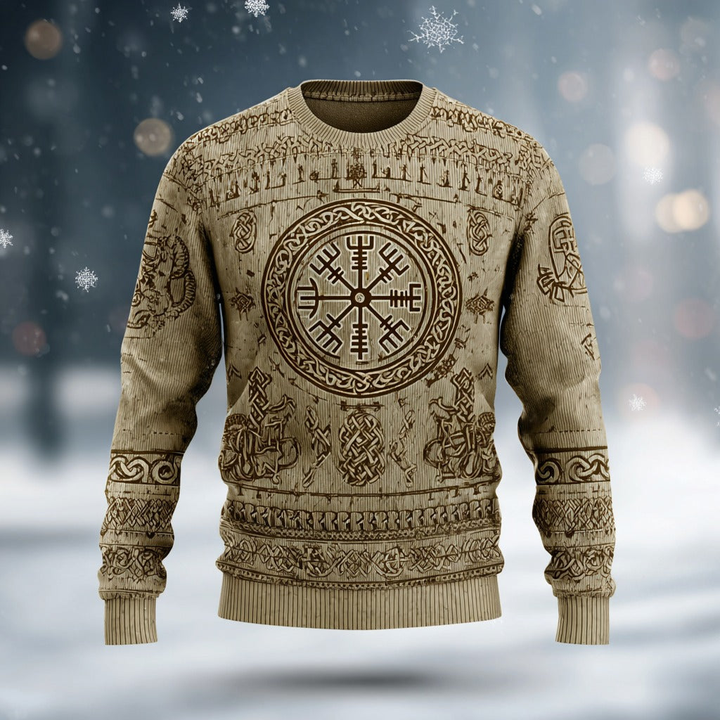 Men's Vintage Viking Vegvisir Pattern Knit Crew Neck Sweater artswardrobe