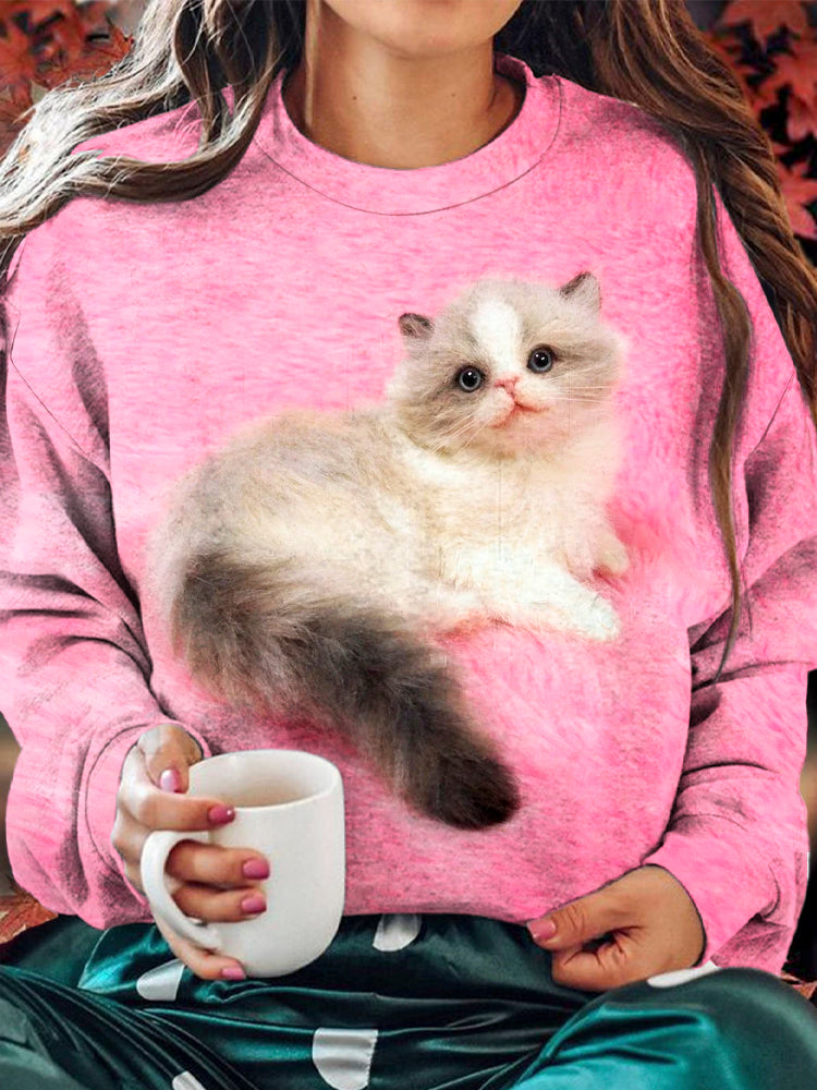 Cute Felt Cat Printed Women's Sweatshirt elevenforest