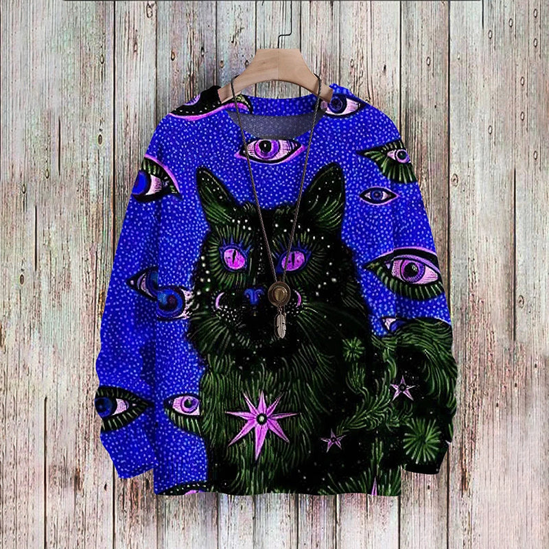 Vintage Cat Art Print Pullover Knitted Sweater elevenforest