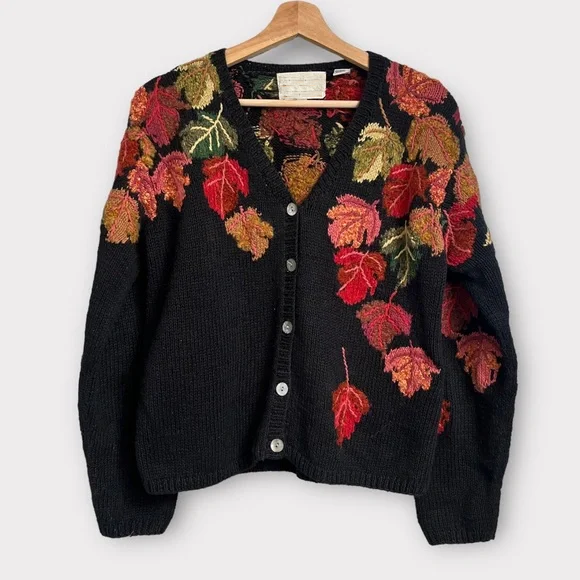Vintage Falling Leaves Embroidered Print Women's Cardigan Sweater artswardrobe