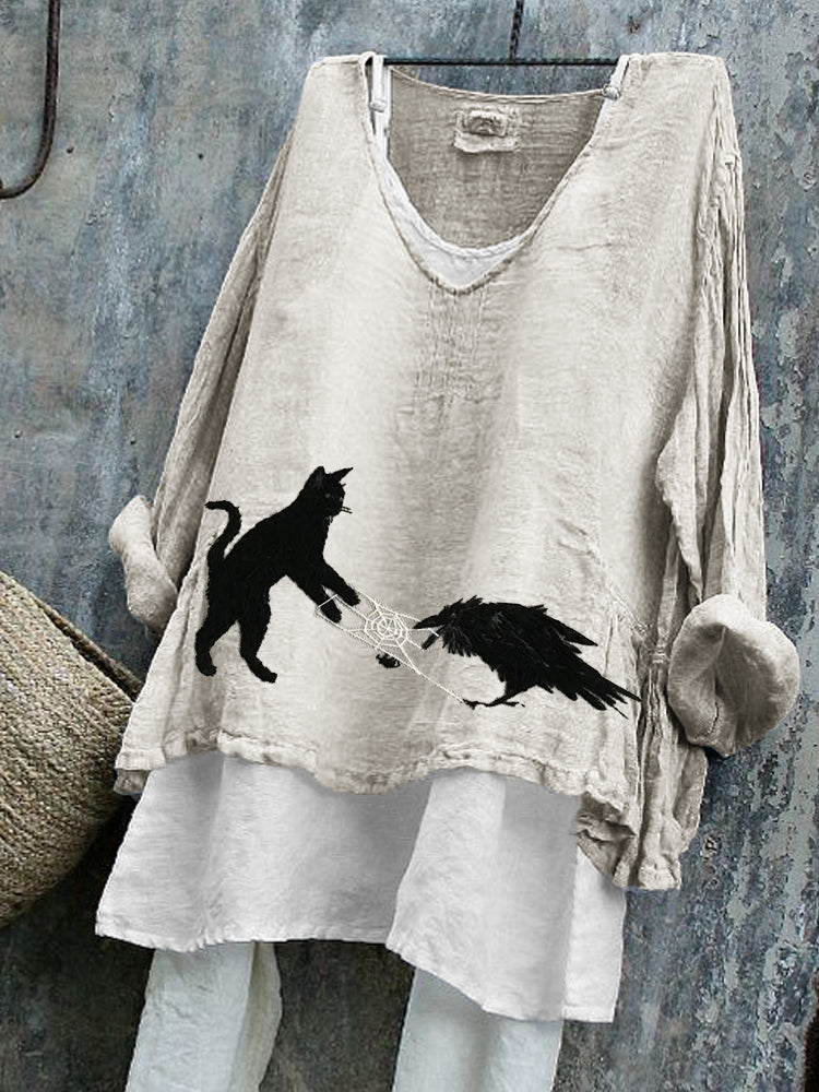 Vintage Black Cat & Raven Embroidered Linen Tunic elevenforest