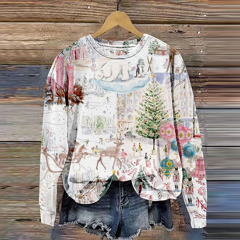 Comstylish Vintage Christmas Art Casual Print Sweatshirt