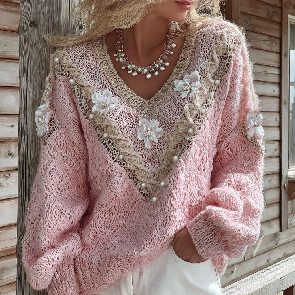 Vintage Floral Pearl Embroidery Patchwork V Neck Cozy Cable Knit Sweater artswardrobe