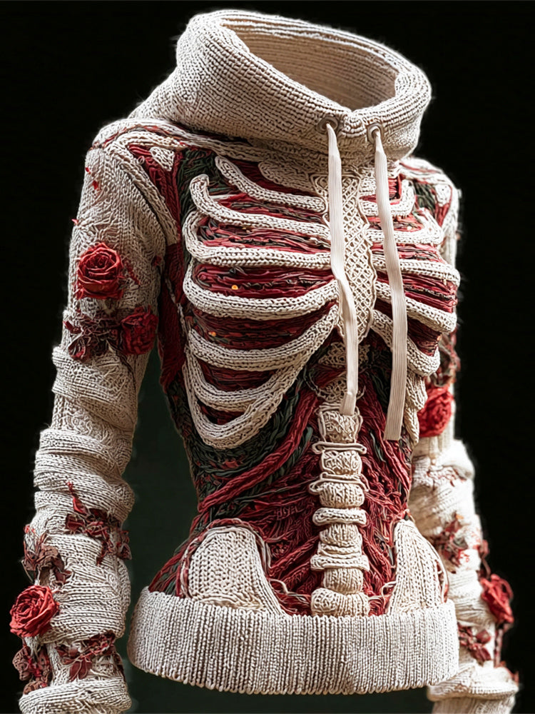 Halloween Skeleton & Floral Art Women's Hooded Sweater artswardrobe