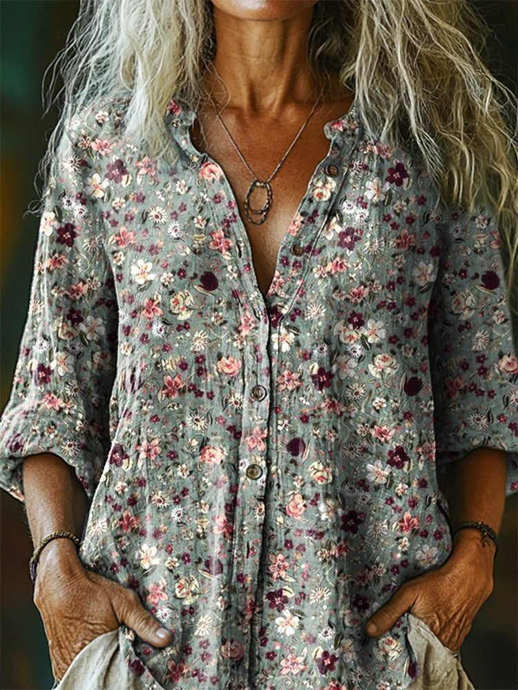 Women's Vintage Floral Art Print Casual Cotton And Linen Shirt