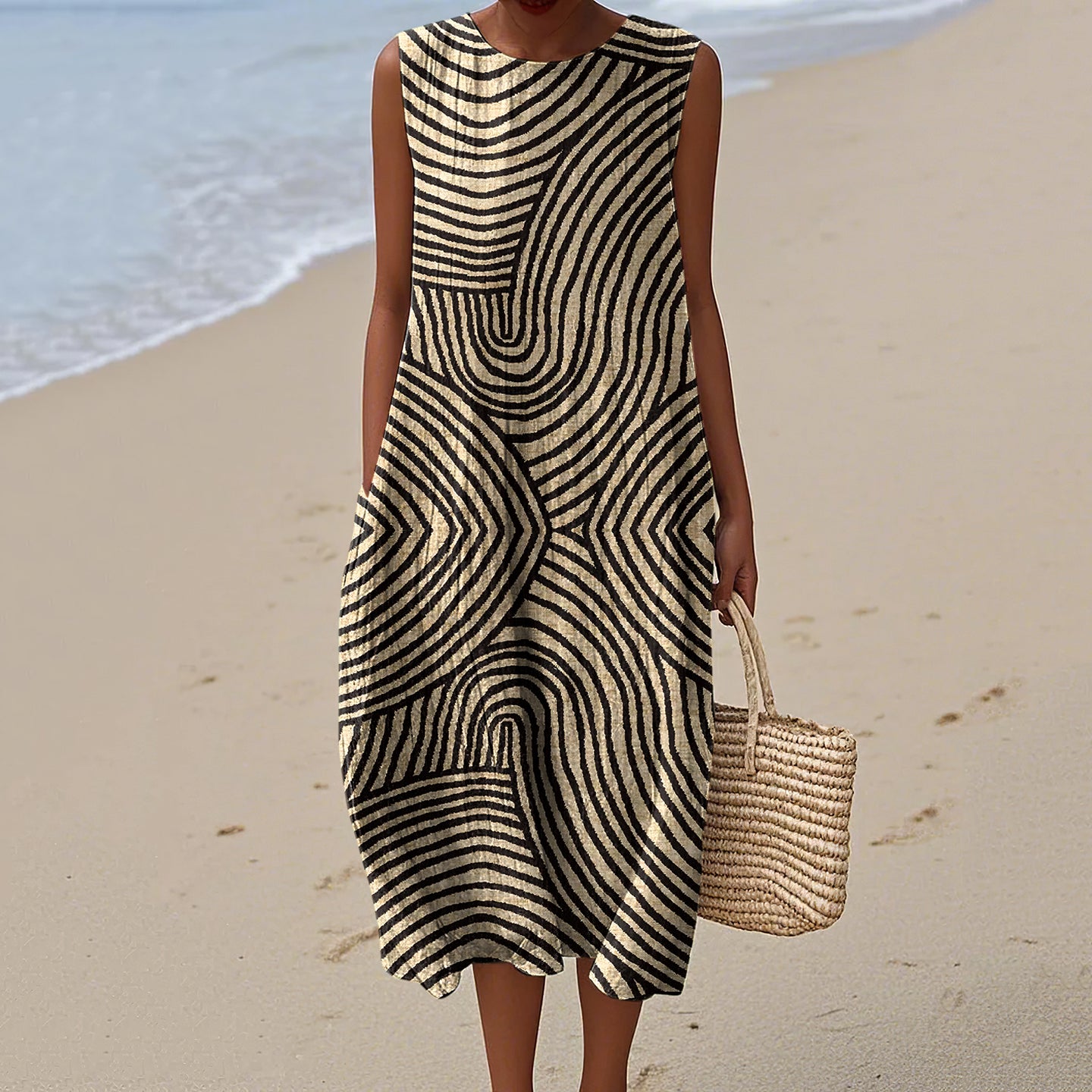 Women's Vintage Stripe Pattern Sleeveless Cotton Dress artswardrobe