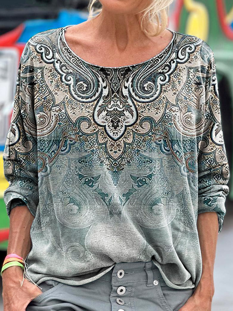 Vintage Pattern Art Print Casual Long Sleeve T-Shirt