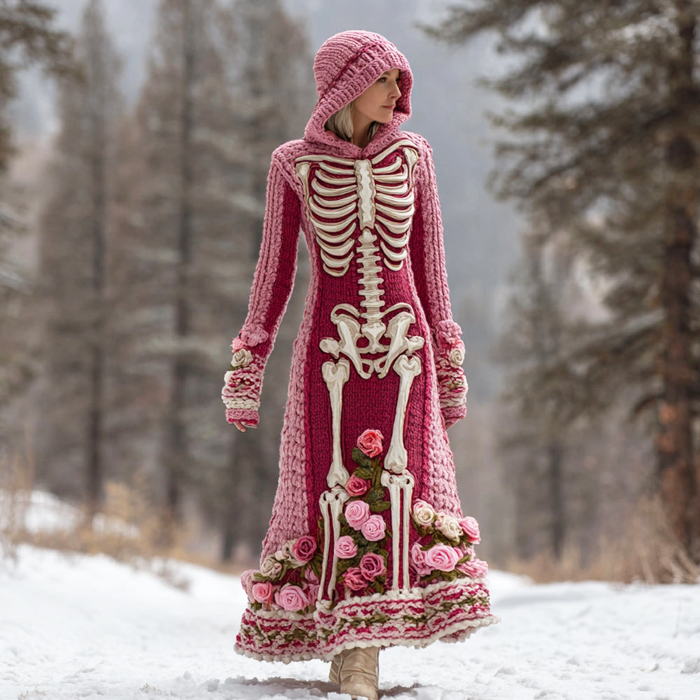 Floral & Skeleton Art Women's Knit Hooded Maxi Dress artswardrobe