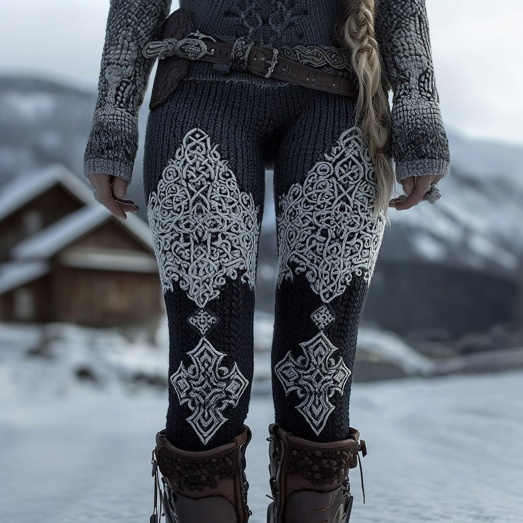 Women's Cross Celtic Knot Contrast Color Design Jacquard Art Cozy Leggings artswardrobe