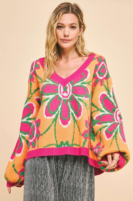 Dulce® | Floral contrast sweater with V-neck and dropped shoulder