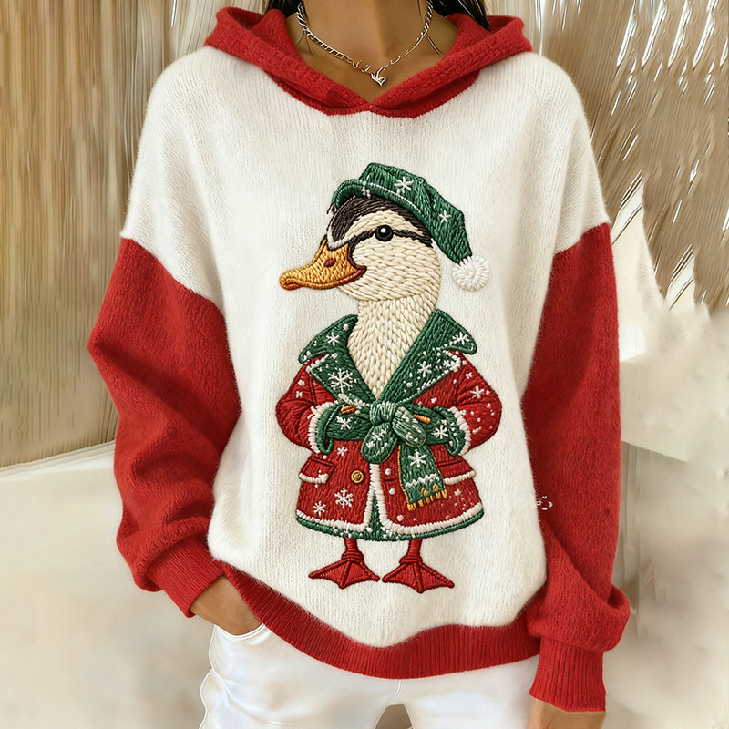 Comstylish Women's Christmas Goose Embroidered Print Knit Hoodie