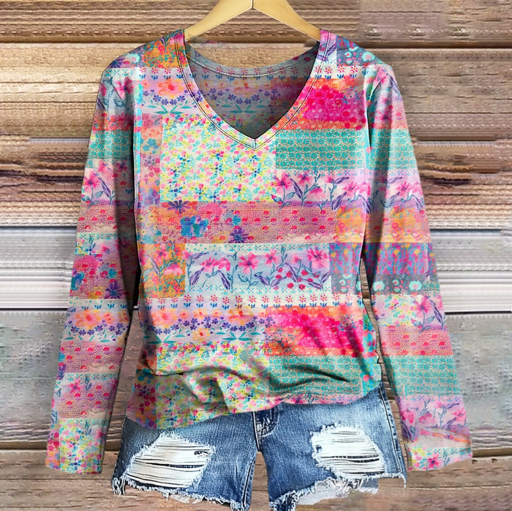Women's Floral Art Print Casual V-Neck Long Sleeve T-Shirt