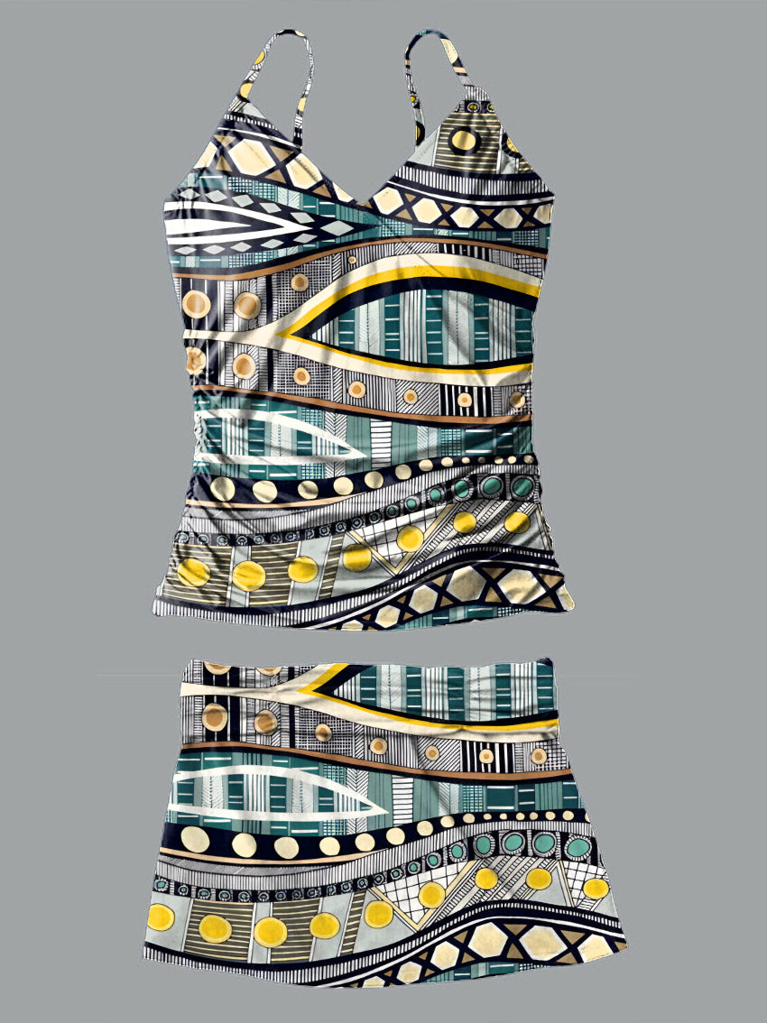 V-Neck Retro Ethnic Stripe Art Print Suspender Skirt Tankini Pantskirt Set Swimsuit