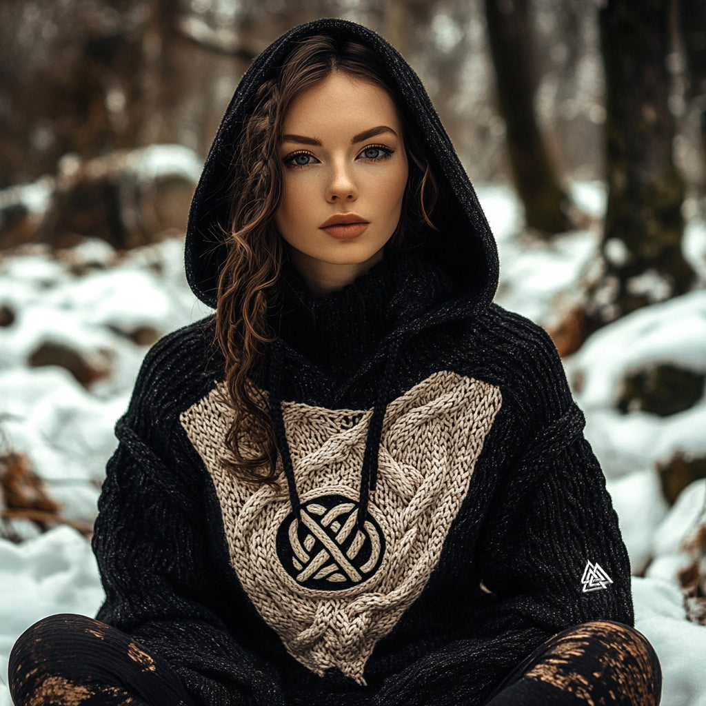 Women's Viking Tribal Jacquard Celtic Inspired Knit Hooded Sweater elevenforest
