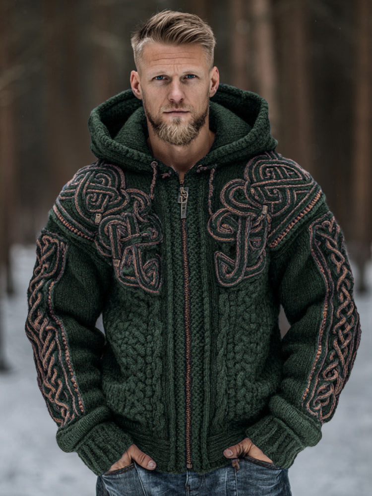 Men's Vintage Viking Celtic Knot Art Chunky Knit Hooded Zip-up Sweater artswardrobe