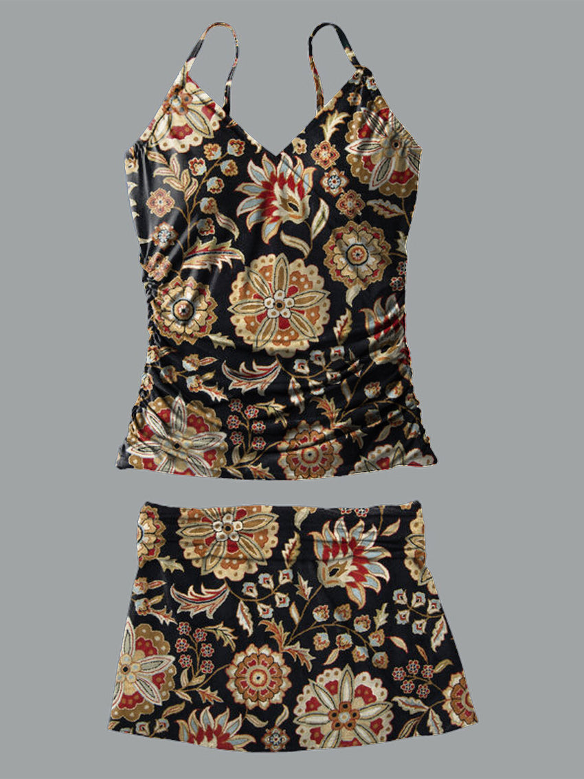 Retro Colorful Flowers V-Neck Vintage Flowers Print Suspender Skirt Tankini Pantskirt Set Swimsuit