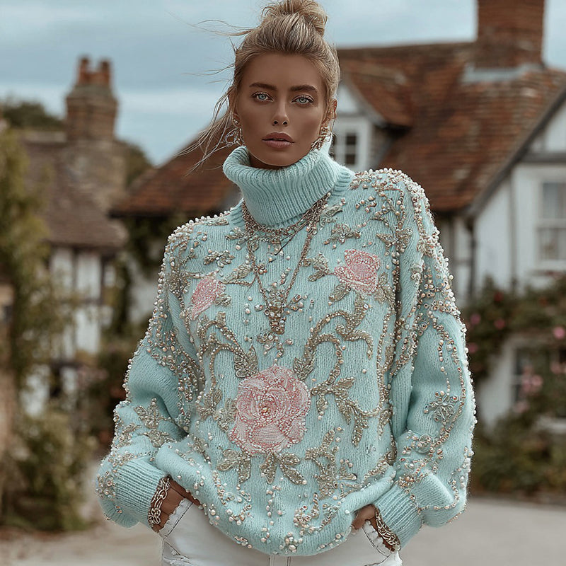 Women's Halloween Skull And Roses Pattern Warm And Comfortable Turtleneck Sweater artswardrobe