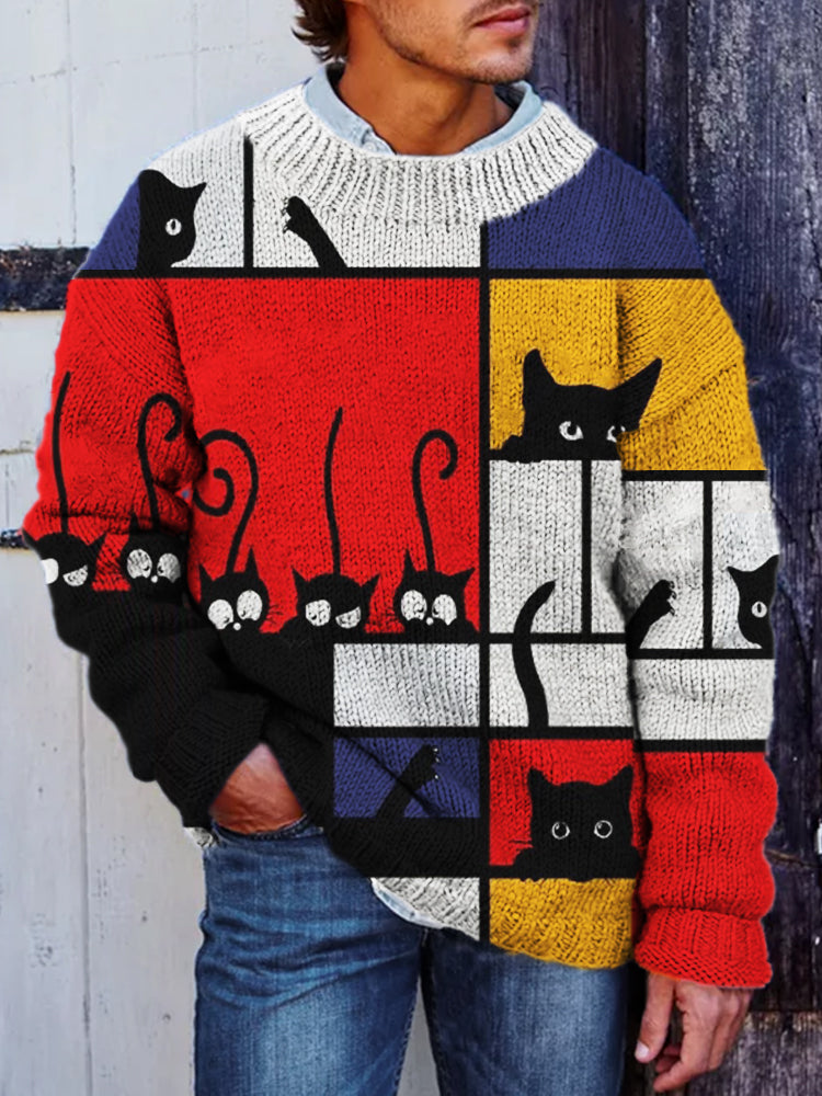 Men's Black Cats Colorblock Geometric Art Cozy Sweater elevenforest