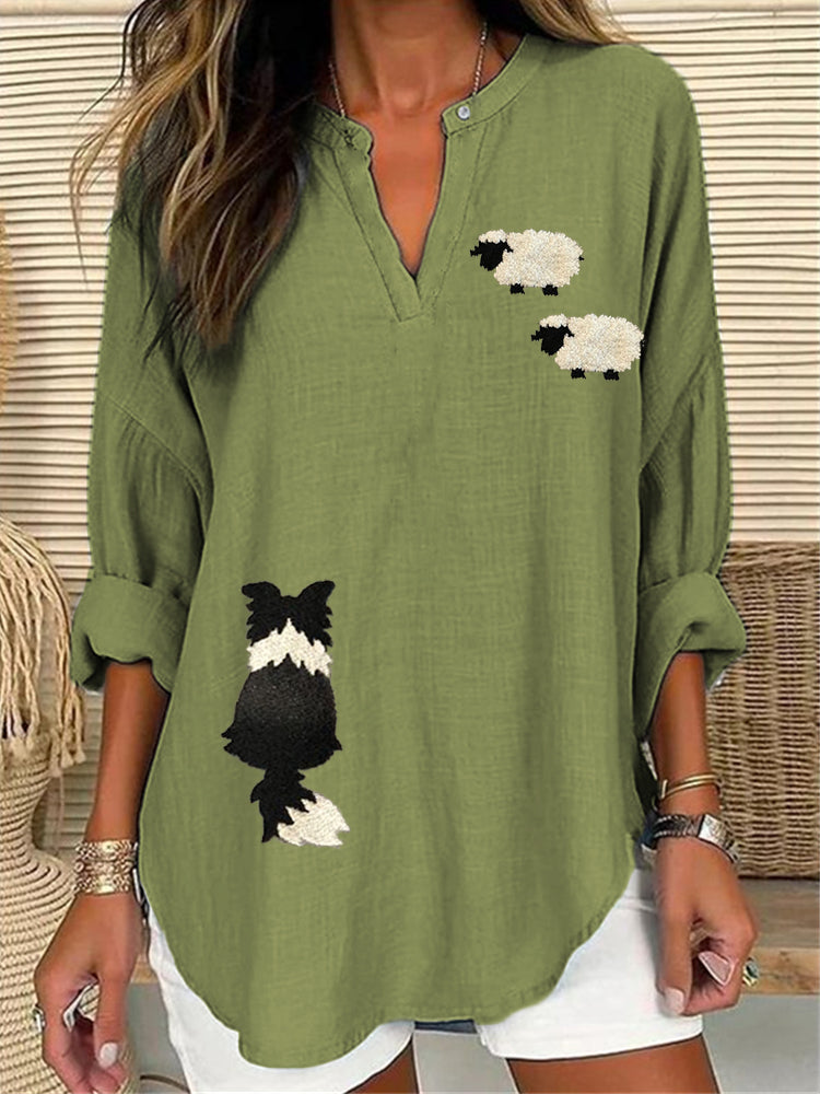 Comstylish Border Collie & Sheep Embroidered Linen Blend Tunic