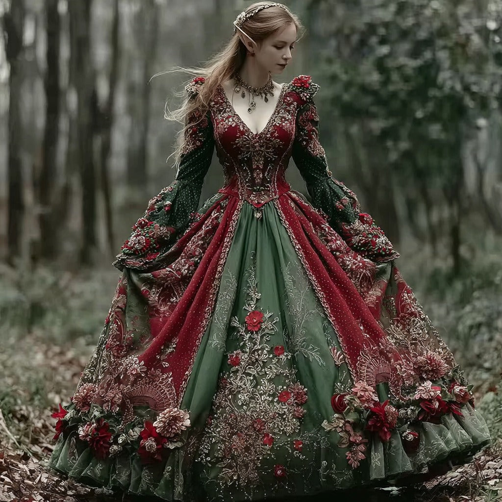 Comstylish Women's Elegant Christmas Tree Contrast Color V-neck Long Dress