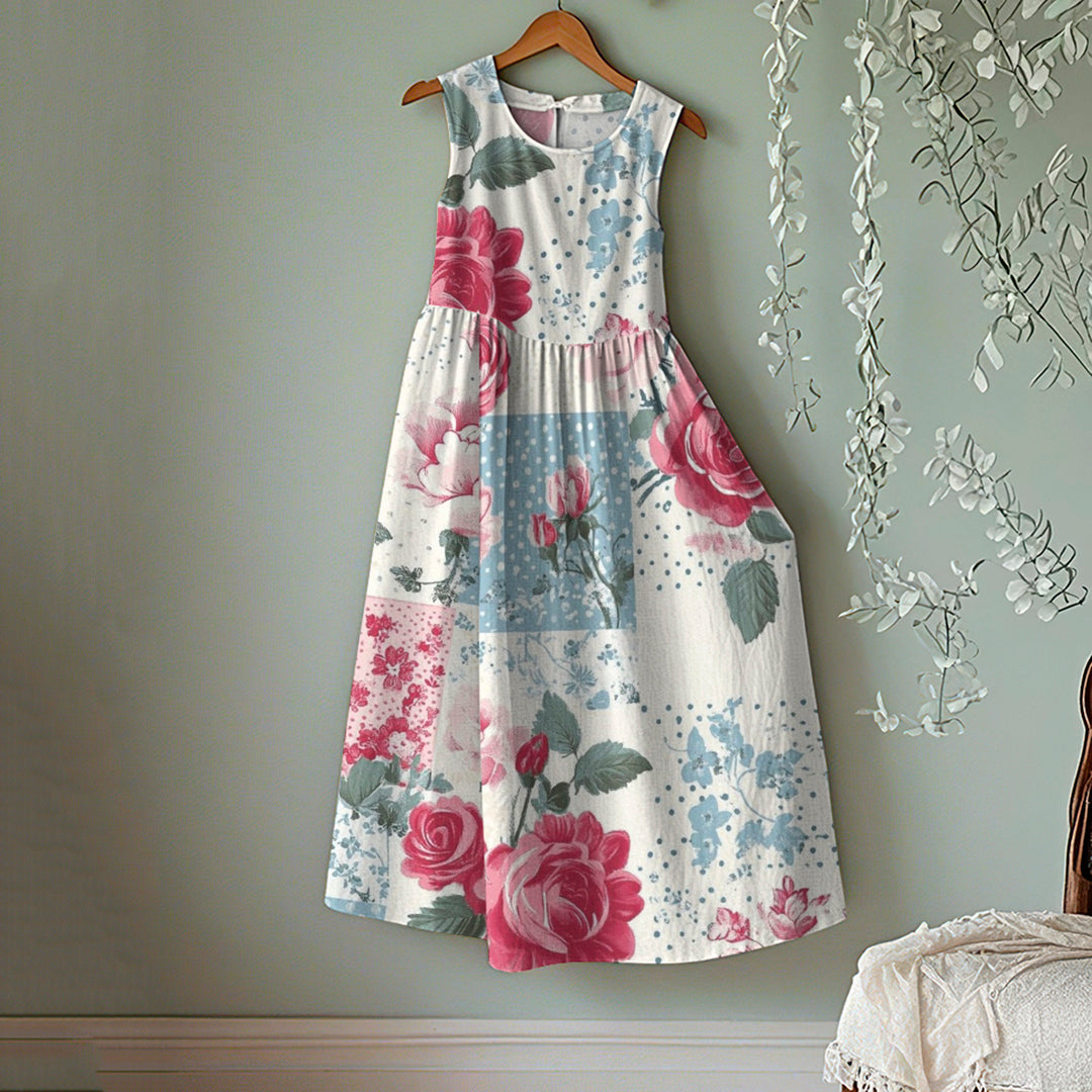 Vintage Floral Patchwork Art Linen Tank Midi Dress artswardrobe