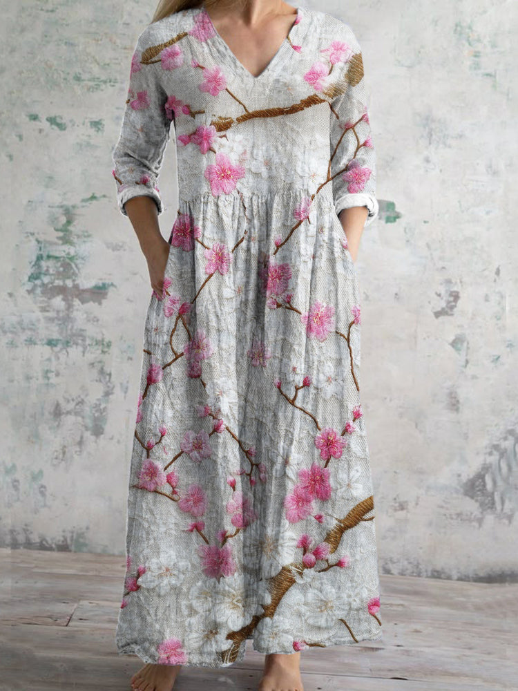 Plum Lace Floral Women's Linen Maxi Dress artswardrobe