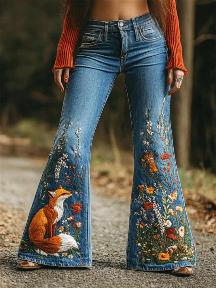 Forest Fox Floral Embroidered Washed Flare Jeans artswardrobe