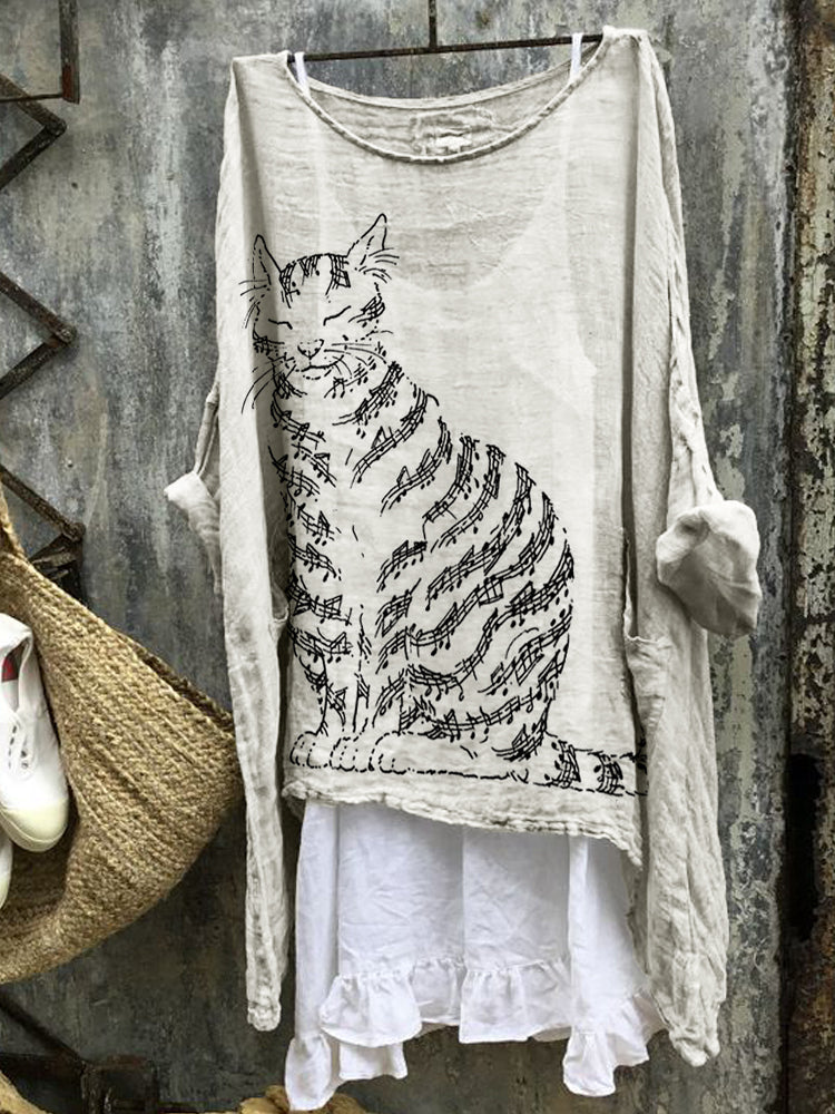 Music Notes Cat Art Flowy Linen Blend Tunic elevenforest