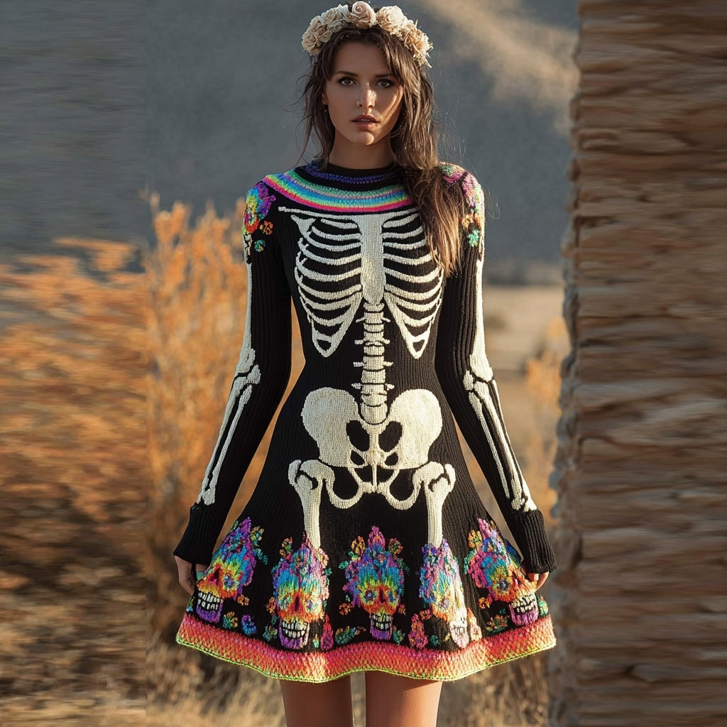 Day Of The Dead Inspired Skeleton Art Cozy Sweater Dress artswardrobe