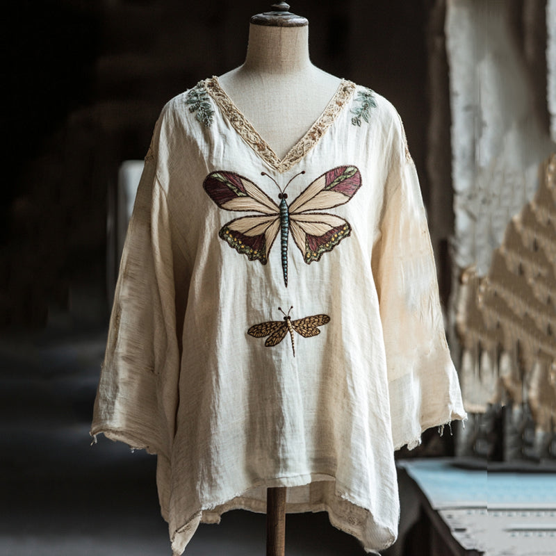 Women's Vintage Floral Dragonfly Embroidery Linen Art V-neck Shirt artswardrobe