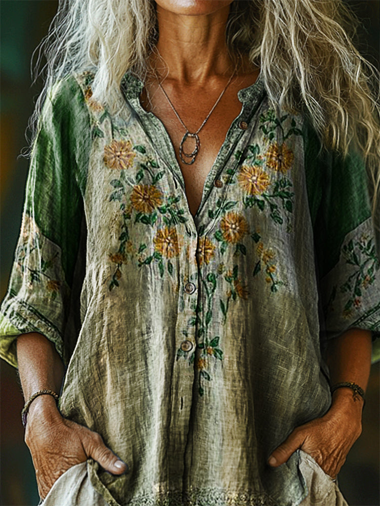 Women's Vintage Ethnic Floral Art Print Casual Cotton Linen Shirt