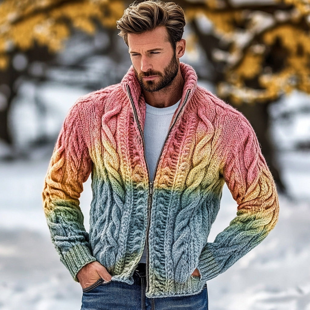 Men's Vintage Rainbow Cable Knit Gradient Zip Cozy Sweater artswardrobe