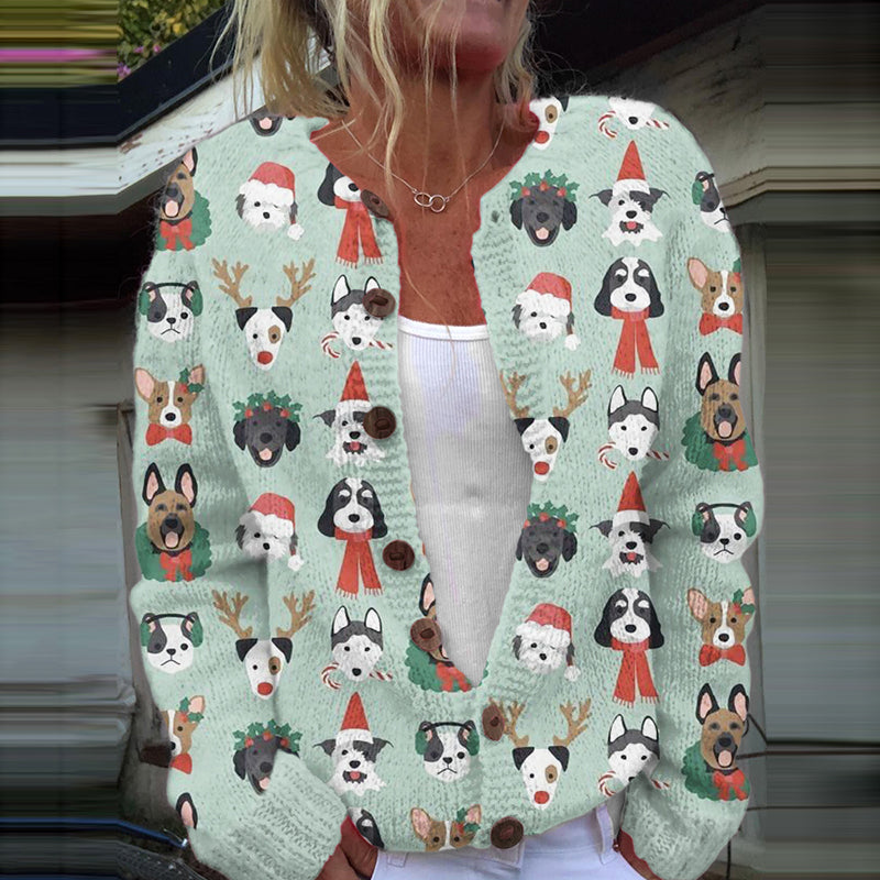 Comstylish Women's Christmas Dog Art Cozy Knit Cardigan