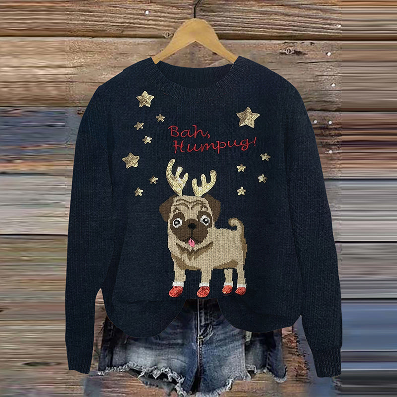 Comstylish Bah Humpug Christmas Pug Gold Sequin Stars & Antlers Pattern Knitted Cozy Sweater