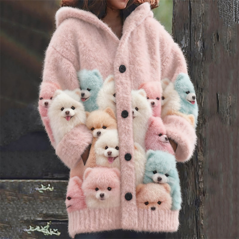 Comstylish Colorful Pom Dogs Cozy Knit Hooded Cardigan