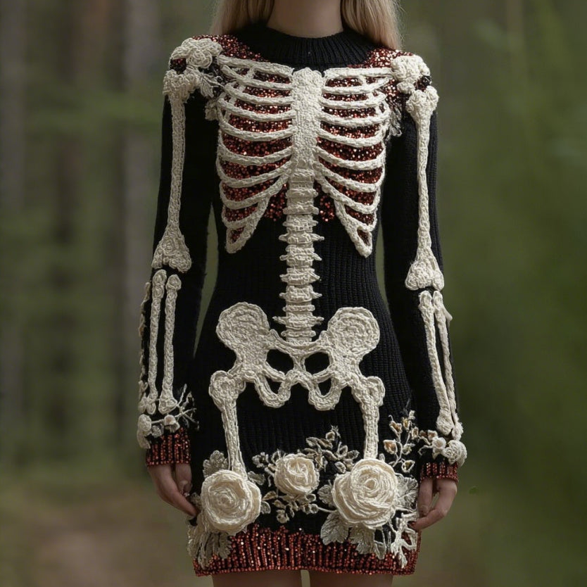 Women's Vintage Halloween Skeleton Bones Rose Art Cozy Knit Mini Sweater Dress artswardrobe