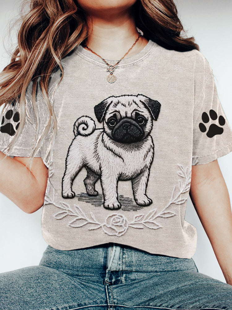 Comstylish Pet Dog Embroidery Pattern Women's Casual Short Sleeve T-Shirt