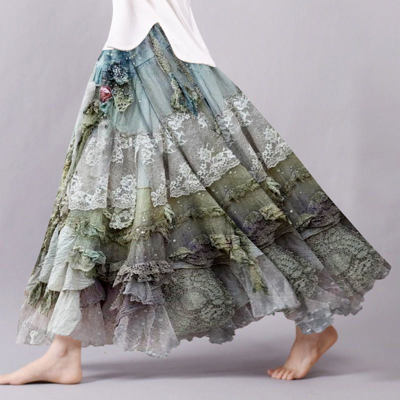 Vintage Boho Lace Flowy Wide Skirt artswardrobe