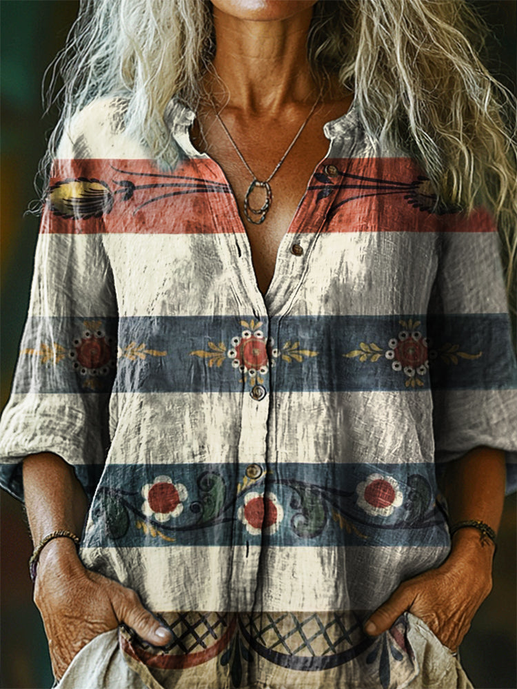 Women's Vintage Bohemian Floral Art Print Casual Cotton Linen Shirt